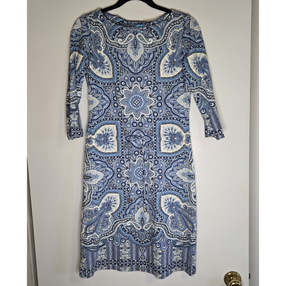 J. McLaughlin Catalina Cloth Blue Paisley Medallion Dress‎ XS 3/4 Sleeve